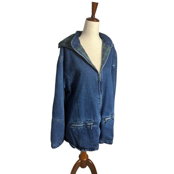 Vintage NorthStyle Denim Chore Jacket Hooded Plaid Flannel Lined Zip Up XL Women - Picture 2 of 9
